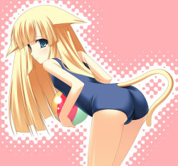 Rule 34 | 1girl, animal ears, ass, ball, beachball, blonde hair, blue eyes, blush, cat ears, cat girl, cat tail, female focus, gaou (babel), leaning forward, looking back, one-piece swimsuit, school swimsuit, solo, swimsuit, tail, trefoil