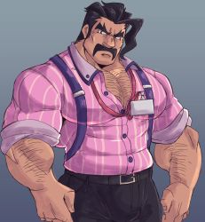 Rule 34 | 1boy, absurdres, arm hair, bara, black hair, brown eyes, chest hair, collared shirt, creatures (company), facial hair, feet out of frame, game freak, hairy, highres, juggermelon, large pectorals, leather, leather belt, long sideburns, looking at viewer, male focus, manly, mature male, muscular, muscular male, mustache, nintendo, pants, partially unbuttoned, pectoral cleavage, pectorals, pokemon, pokemon sv, saguaro (pokemon), shirt, short hair, sideburns, simple background, solo, thick arms, thick eyebrows, tight clothes, v-neck