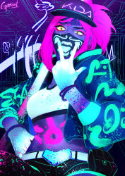 Rule 34 | 1girl, akali, asymmetrical legwear, baseball cap, belt, bracelet, breasts, crop top, cunnilingus gesture, glowing, hat, highres, inverted colors, jacket, jewelry, k/da (league of legends), k/da akali, league of legends, long sleeves, looking at viewer, mask, midriff, monochrome, mouth mask, navel, neon, open clothes, pants, pouch, solo, sparrowl, uneven legwear, yellow eyes