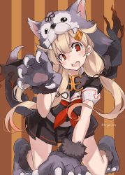 Rule 34 | 1girl, all fours, animal hands, animal hood, black skirt, blonde hair, blush, breasts, dog hood, dog paws, dog tail, fake tail, fang, gloves, hair flaps, hair ornament, hairclip, highres, hood, kantai collection, long hair, neckerchief, open mouth, paw gloves, paw pose, paw shoes, red eyes, red neckerchief, sailor collar, school uniform, serafuku, shoes, short sleeves, skirt, solo, striped, striped background, sugue tettou, tail, yuudachi (kancolle), yuudachi kai ni (kancolle)
