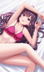 Rule 34 | arm over head, bed, blue eyes, commentary request, contamination (contami0813), highres, ichinose shiki, idolmaster, idolmaster cinderella girls, legs, lingerie, long hair, looking at viewer, lying, navel, underwear