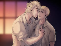 Rule 34 | 2boys, blonde hair, blush, brothers, cigarette, family, incest, kiss, male focus, multiple boys, muscular, siblings, size difference, tagme, yaoi