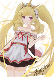 Rule 34 | 1girl, alternate hairstyle, artist name, bare shoulders, belt, blonde hair, blunt bangs, cagliostro (granblue fantasy), cleavage cutout, clothing cutout, cowboy shot, curly hair, dress, frilled dress, frills, granblue fantasy, hand up, highres, long hair, looking at viewer, off-shoulder dress, off shoulder, official alternate costume, plaid, punished pigeon, purple eyes, red ribbon, ribbon, sidelocks, sketch, sleeveless, smile, solo focus, sparkle, tiara, white background