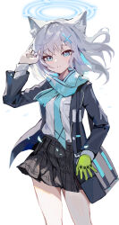 Rule 34 | 1girl, absurdres, animal ear fluff, animal ears, bag, black jacket, black skirt, blue archive, blue eyes, blue halo, blue necktie, blue scarf, blush, cross hair ornament, feet out of frame, gloves, green gloves, grey hair, hair ornament, halo, highres, jacket, long sleeves, medium hair, necktie, open clothes, open jacket, open mouth, pleated skirt, ro/ku, scarf, shiroko (blue archive), shirt, shoulder bag, simple background, single glove, skirt, solo, white background, white shirt, wolf ears