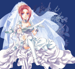 Rule 34 | 1girl, ahoge, blue background, blue eyes, bow, breasts, bridal veil, bride, choker, dress, flower, full body, gloves, high heels, kokutou eiri, lipstick, looking at viewer, makeup, medium breasts, original, pointing, red hair, ribbon, rose, shoes, short hair, sitting, smile, solo, sword, thigh strap, thighhighs, veil, weapon, wedding, wedding dress, white choker, white dress, white rose