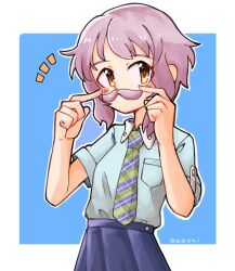 Rule 34 | 1girl, blue background, blue shirt, blue skirt, blush, breast pocket, chakka (nagata08-23), character name, checkered necktie, closed mouth, commentary, facial hair, fingers to cheeks, hands up, idolmaster, idolmaster million live!, looking at viewer, makabe mizuki, mustache, necktie, notice lines, pleated skirt, pocket, puffy cheeks, purple hair, shirt, short hair, short sleeves, sidelocks, skirt, solo, upper body, wavy hair, wing collar, yellow eyes