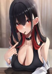 Rule 34 | 1girl, absurdres, amane sora, black choker, black hair, black nails, breast rest, breasts, choker, cleavage, collarbone, colored inner hair, commentary request, fingernails, food, food in mouth, hair between eyes, hair over shoulder, highres, indoors, large breasts, long hair, looking at viewer, mole, mole on breast, mole under mouth, multicolored hair, nail polish, original, pocky, pocky in mouth, red hair, solo, two-tone hair, upper body