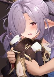Rule 34 | 1boy, 1girl, absurdres, armor, blush, breasts, clothing cutout, gloves, granblue fantasy, hair ornament, hair over one eye, harvin, highres, iwao (pixiv258710), long hair, navel, navel cutout, niyon (granblue fantasy), pointy ears, ponytail, purple hair, red eyes, simple background, small breasts, solo focus, sweat, upper body, white gloves