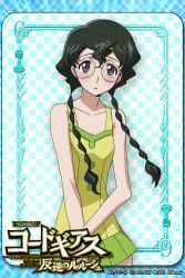 Rule 34 | 1girl, black hair, blush, braid, card (medium), casual one-piece swimsuit, checkered background, chess piece, code geass, glasses, green one-piece swimsuit, looking at viewer, nina einstein, official art, one-piece swimsuit, purple eyes, ribbon, solo, swimsuit, twin braids