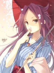 Rule 34 | 10s, 1girl, artist name, cherry blossoms, covering own mouth, flower, flower on mouth, flower over mouth, hair flower, hair ornament, japanese clothes, jpeg artifacts, jun&#039;you (kancolle), kantai collection, kimono, magatama, oil-paper umbrella, one-hour drawing challenge, petals, signature, solo, striped clothes, striped kimono, toosaka asagi, umbrella, vertical-striped clothes, vertical-striped kimono, yukata