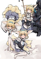 Rule 34 | 1girl, 1other, absurdres, all fours, animal ear fluff, animal ears, arknights, black gloves, black jacket, blonde hair, blue hairband, blue skirt, blush, braid, braided hair rings, doctor (arknights), earpiece, fox ears, fox girl, fox tail, from above, frown, full body, gloves, green eyes, hair rings, hairband, highres, holding, holding staff, hood, jacket, leaning on person, looking at viewer, lying, no shoes, on back, one eye closed, pantyhose, pkpkpppk, simple background, skirt, smile, staff, suzuran (arknights), tail, white background, white pantyhose