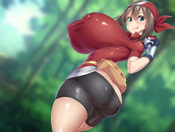 Rule 34 | 1girl, alternate breast size, ass, bandana, black shorts, blue eyes, blurry, blurry background, breasts, brown hair, covered erect nipples, creatures (company), curvy, fanny pack, game freak, gloves, highres, holding, holding poke ball, huge ass, huge breasts, kawahagitei, looking at viewer, may (pokemon), nintendo, outdoors, pants, poke ball, poke ball (basic), pokemon, pokemon rse, red bandana, red headwear, red shirt, shiny clothes, shiny skin, shirt, short sleeves, shorts, smile, solo, spandex, thick thighs, thighs, tight clothes, tight pants, tight shirt, tongue, tongue out