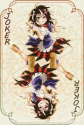 Rule 34 | 1girl, arrow print, black hair, carbohydrate (asta4282), card, cone horns, dress, fingernails, highres, horns, joker (playing card), kijin seija, long fingernails, looking at viewer, multicolored hair, playing card, purple nails, red eyes, red hair, short sleeves, solo, streaked hair, touhou, white dress, white hair