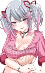 Rule 34 | 1girl, absurdres, black choker, blue hair, blush, bracelet, breasts, choker, cleavage, commission, cropped shirt, fang, grabbing, grabbing another&#039;s breast, grabbing another's breast, guided breast grab, guiding hand, hair ornament, heart pendant, heterochromia, highres, holding another&#039;s wrist, indie virtual youtuber, jewelry, large breasts, long hair, looking at viewer, multicolored hair, nigi (ngmnoym), o-ring, o-ring choker, out of frame, pink hair, pink nails, pink shirt, rafilia (vtuber), shirt, sidelocks, simple background, skeb commission, smile, solo focus, streaked hair, twintails, two-tone hair, underboob, virtual youtuber, white background