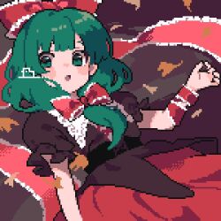 Rule 34 | 1girl, ahiru tokotoko, arm ribbon, black shirt, bow, commentary request, commission, cross-laced clothes, front ponytail, green eyes, green hair, hair bow, hair ribbon, highres, kagiyama hina, looking at viewer, medium hair, open mouth, pixel art, red bow, red ribbon, red skirt, ribbon, shirt, short sleeves, skeb commission, skirt, solo, touhou