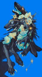 Rule 34 | absurdres, animal focus, black fur, blue background, claws, constellation, dog, extra legs, fangs, flower, flower in eye, fur, highres, multiple heads, nightcrow, no humans, open mouth, original, simple background, solo, star (symbol), star in eye, symbol in eye