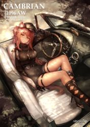 Rule 34 | 1girl, animal ears, arknights, belt, black belt, black footwear, black gloves, black hat, black shirt, black shorts, black socks, car, car interior, commentary, convertible, dark-skinned female, dark skin, elbow rest, english text, foot out of frame, gloves, gravel (arknights), gravel (modeling night) (arknights), hat, high heels, ink., jewelry, kneehighs, long hair, looking at viewer, motor vehicle, mouse ears, mouse girl, mouse tail, necklace, official alternate costume, outdoors, parted lips, pink hair, shirt, shorts, socks, solo, steering wheel, tail, thigh strap