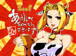 Rule 34 | 1girl, animal ears, animal print, bare shoulders, bell, blonde hair, breasts, cleavage, collar, cow, cow ears, cow horns, cow print, cowbell, female focus, final fantasy, final fantasy tactics, fingerless gloves, gloves, horns, large breasts, monk (fft), narutaki (kurokabe), short hair, solo, yellow eyes