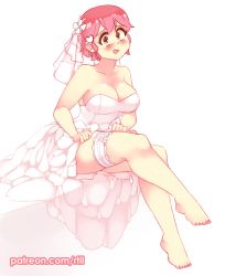 Rule 34 | 1girl, :d, bare arms, bare legs, bare shoulders, barefoot, blush, breasts, bridal veil, bride, clothes lift, collarbone, commentary, dress, dress lift, english commentary, full body, hair ornament, hairclip, heart, heart hair ornament, katawa shoujo, large breasts, bridal garter, looking at viewer, mikado shiina, open mouth, orange eyes, patreon username, pink hair, rtil, short hair, simple background, sitting, smile, solo, strapless, strapless dress, veil, wedding dress, white background, white dress