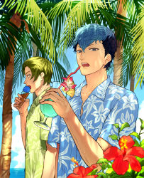 Rule 34 | 2boys, akke, alternate costume, black hair, blue eyes, blue hair, coconut tree, collared shirt, cup, dappled sunlight, day, drink, drinking glass, drinking straw, eating, fire emblem, fire emblem echoes: shadows of valentia, floral print, flower, food, forsyth (fire emblem), green eyes, green hair, hawaiian shirt, hibiscus, holding, holding cup, holding drinking glass, hurricane glass, ice cream, ice cream cone, leaf, looking at viewer, looking away, male focus, multicolored hair, multiple boys, nintendo, ocean, open mouth, outdoors, palm tree, partially unbuttoned, pineapple, pineapple slice, plant, python (fire emblem), shirt, short sleeves, sunlight, teeth, tree, tropical drink, two-tone hair, upper body, waffle cone, water