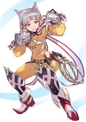 Rule 34 | 1girl, absurdres, animal ears, blunt bangs, bodysuit, breasts, cat ears, clenched hand, commentary request, facial mark, flat chest, gloves, highres, looking at viewer, nia (xenoblade), short hair, simple background, small breasts, smile, solo, twintails, ug333333, white gloves, xenoblade chronicles (series), xenoblade chronicles 2, yellow bodysuit, yellow eyes