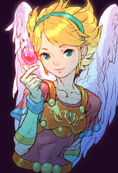 Rule 34 | 1girl, angel wings, armor, blonde hair, breastplate, breath of fire, breath of fire i, collarbone, feathered wings, finger heart, fire, green eyes, green hairband, hairband, heart, leaning to the side, leotard, looking at viewer, nina (breath of fire i), pyrokinesis, red leotard, short hair, short sleeves, smile, solo, white wings, wings, wristband, yoshikawa tatsuya