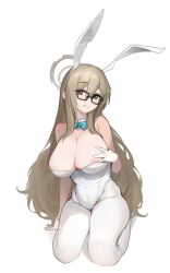 Rule 34 | 1girl, absurdres, akane (blue archive), akane (bunny) (blue archive), animal ears, areola slip, blue archive, breasts, brown eyes, cleavage, fake animal ears, glasses, gloves, halo, hand on own chest, highres, komi (komiking), large breasts, leotard, light brown hair, long hair, pantyhose, parted lips, playboy bunny, rabbit ears, seiza, simple background, sitting, smile, solo, thighs, very long hair, white background, white gloves, white leotard, white pantyhose