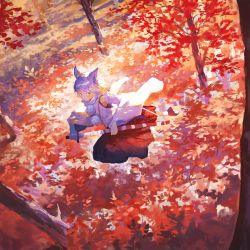 Rule 34 | 1girl, animal ears, armpits, arms up, autumn, autumn leaves, black skirt, blush, closed mouth, commentary request, detached sleeves, fjsmu, forest, grey hair, grey shirt, hands up, highres, inubashiri momiji, leaf, leg up, long sleeves, looking back, nature, no headwear, no tail, pink eyes, pom pom (clothes), red footwear, red skirt, reflection, running, scenery, shirt, shoes, short hair, skirt, solo, sunlight, sword, touhou, tree, water, weapon, wide sleeves, wolf ears