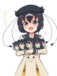 Rule 34 | 1girl, :d, bird girl, bird wings, black hair, blue eyes, blush, cabbie hat, character doll, commentary, cowboy shot, dress, hat, head wings, heart, highres, kemono friends, kemono friends 3, long sleeves, looking at viewer, official alternate costume, open mouth, sailor collar, sailor dress, school uniform, shiraha maru, short hair, simple background, smile, solo, translated, twitter username, western parotia (kemono friends), white background, wings
