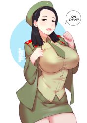 Rule 34 | 1girl, artist name, black eyes, black hair, blush, bokuman, breasts, covered erect nipples, cowboy shot, curvy, dictator, green jacket, green necktie, green skirt, hat, impossible clothes, jacket, kim yo-jong, large breasts, legs together, long hair, looking at viewer, medium hair, meme, military, military uniform, miniskirt, necktie, open mouth, pale skin, real life, simple background, skirt, solo, speech bubble, standing, uniform, white background