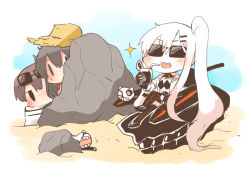 Rule 34 | 10s, 3girls, absurdly long hair, abyssal ship, aircraft carrier princess, akagi (kancolle), alternate costume, blush, chibi, commentary request, drinking straw, enemy aircraft (kancolle), eyewear on head, fang, glasses, hat, hiding, jacket, kaga (kancolle), kantai collection, long hair, multiple girls, open clothes, open jacket, rebecca (keinelove), sitting, sparkle, straw hat, sunglasses, sweat, thighhighs, very long hair