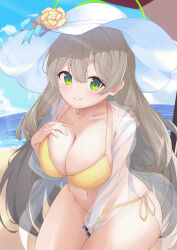 Rule 34 | 1girl, absurdres, beach, bikini, blue archive, blush, breasts, cleavage, closed mouth, collarbone, cowboy shot, day, green eyes, green halo, hair between eyes, halo, hat, highres, jacket, large breasts, light brown hair, long hair, long sleeves, looking at viewer, nonomi (blue archive), nonomi (swimsuit) (blue archive), ocean, official alternate costume, open clothes, open jacket, osmium-76, outdoors, revision, see-through, see-through jacket, see-through sleeves, smile, solo, swimsuit, white hat, yellow bikini
