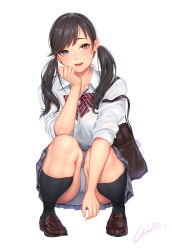 Rule 34 | 1girl, bag, black hair, black socks, blush, bow, bowtie, bra visible through clothes, breasts, brown socks, buttons, charm (object), collarbone, collared shirt, commentary request, dress shirt, eyelashes, full body, grey skirt, hand to own mouth, holding, holding bag, kneehighs, lips, loafers, long hair, long sleeves, looking at viewer, masami chie, medium breasts, nose, open mouth, original, panties, pantyshot, pink lips, plaid, plaid skirt, pleated skirt, purple eyes, school bag, school uniform, see-through, shirt, shoes, shoulder bag, signature, simple background, skirt, smile, socks, solo, squatting, striped bow, striped bowtie, striped clothes, striped neckwear, swept bangs, teeth, thighs, twintails, underwear, upper teeth only, upskirt, white background, white panties, white shirt, wing collar