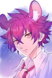 Rule 34 | 1boy, adjusting clothes, adjusting necktie, animal ears, blue background, closed mouth, collared shirt, dog boy, dog ears, looking at viewer, male focus, mel6969, multicolored background, necktie, pink necktie, purple background, purple hair, red eyes, rikao (show by rock!!), shirt, short hair, show by rock!!, solo, white background, white shirt