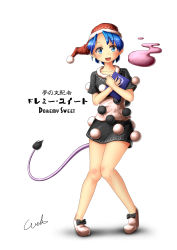 Rule 34 | 1girl, absurdres, artist name, black dress, blob, blue eyes, blue hair, blush, book, bow, breasts, character name, collarbone, doremy sweet, dress, forehead, full body, hat, head tilt, highres, holding, holding book, knees together feet apart, looking at viewer, matching hair/eyes, nightcap, open mouth, pink footwear, round teeth, footwear bow, shoes, short dress, short hair, short sleeves, signature, simple background, small breasts, smile, solo, tail, tapir tail, teeth, touhou, welt (kinsei koutenkyoku), white background, white dress