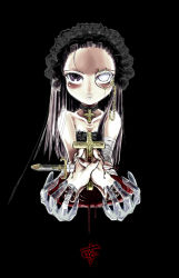 Rule 34 | 1girl, ahoisy, amputee, bandages, black background, blood, chain, choker, collar, cross, cross choker, cross necklace, dagger, dress, ectoplasm, eyebrow piercing, gold, guro, headdress, injury, jewelry, knife, long hair, looking at viewer, monocle, nail polish, necklace, own hands clasped, own hands together, piercing, purple eyes, purple hair, scar, severed hand, simple background, solo, stitches, symbol, weapon