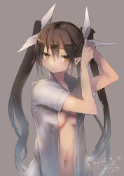 Rule 34 | 1girl, bow, breasts, cleavage, dated, dress shirt, covered erect nipples, grey background, hair bow, hands up, kantai collection, long hair, navel, no bra, open clothes, open shirt, shirt, signature, simple background, sketch, solo, toka (marchlizard), tone (kancolle), twintails, tying hair, upper body, very long hair, white bow, white shirt, yellow eyes