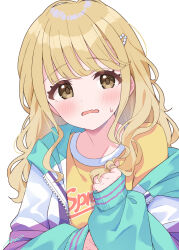 Rule 34 | 1girl, alternate hairstyle, blush, fang, fujita kotone, gakuen idolmaster, highres, idolmaster, ima (lm ew), jacket, long hair, looking at viewer, multicolored clothes, multicolored jacket, shirt, simple background, skin fang, solo, sweatdrop, upper body, very long hair, white background, yellow eyes, yellow shirt