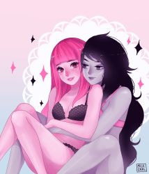 Rule 34 | 2girls, adventure time, artist name, bad id, bad twitter id, black bra, black hair, black panties, blush, bra, breasts, closed mouth, colored skin, heart, heart bra, heart panties, heart print, hug, hug from behind, lips, long hair, looking at another, looking at viewer, marceline abadeer, medium breasts, milkgrrl, multiple girls, no panties, nose blush, open mouth, panties, parted lips, pink background, pink bra, pink eyes, pink hair, pink skin, princess bonnibel bubblegum, print panties, purple eyes, purple lips, purple skin, sitting, sparkle, striped bra, striped clothes, underwear, vertical stripes, very long hair, yuri