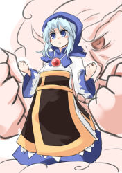Rule 34 | 1girl, blue eyes, blue hair, blush stickers, clenched hand, clenched hands, highres, kesa, kibisake, kumoi ichirin, s katsuo, serious, touhou, unzan, v-shaped eyebrows, wide sleeves