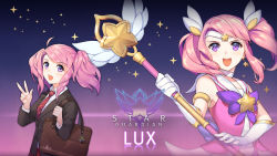 Rule 34 | alternate costume, alternate hair color, alternate hairstyle, bag, bow, breasts, choker, elbow gloves, gloves, highres, league of legends, lux (league of legends), magical girl, pink hair, ribbon, school uniform, staff, star guardian (league of legends), star guardian lux, tiara, twintails, white gloves