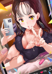 Rule 34 | 1girl, 1other, 2t (tanakatakuto), :o, bed sheet, black shirt, breasts, brown hair, cellphone, cleavage, cum, cum on body, cum on fingers, earrings, egg vibrator, fingernails, highres, holding, holding phone, indoors, jewelry, large breasts, long hair, looking at viewer, lying, mirror, mole, mole on leg, on side, open mouth, original, phone, fake phone screenshot, remote control vibrator, selfie, sex toy, shirt, smartphone, symbol in eye, thighs, vibrator, w, window, yellow eyes