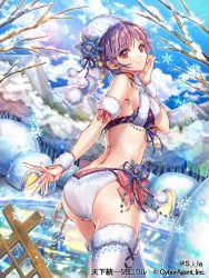 Rule 34 | 1girl, back, bikini, forest, frozen lake, hand on own face, hat, igloo, looking at viewer, mountain, nature, orange eyes, purple hair, short hair, sila (carpen), smile, snow, snow shelter, snowflakes, solo, swimsuit, tenka touitsu chronicle, thighhighs, twitter username