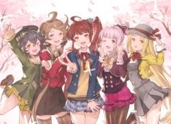 Rule 34 | &gt; o, 5girls, :d, :o, ;d, alternate costume, ascot, black legwear, blazer, blush, bow, breast pocket, brown eyes, canna (granblue fantasy), cherry blossoms, diantha (granblue fantasy), diola (granblue fantasy), granblue fantasy, hair bun, hair ribbon, harie (granblue fantasy), hat, hat bow, highres, jacket, linaria (granblue fantasy), locked arms, long hair, looking at viewer, minaba hideo, miniskirt, multiple girls, neckerchief, necktie, one eye closed, open mouth, pantyhose, pocket, ribbon, scrunchie, side ponytail, single hair bun, skirt, smile, socks, thighhighs, twintails, v, very long hair, white legwear, yellow eyes