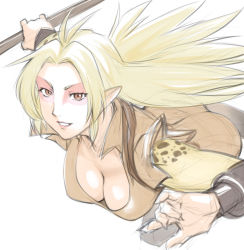 Rule 34 | 1girl, alien, animal print, antenna hair, breasts, brown eyes, cheetara, cleavage, downblouse, grin, long hair, looking at viewer, medium breasts, pointy ears, sketch, smile, solo, staff, thundercats, ueyama michirou, white background
