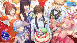 Rule 34 | 2boys, 4girls, aizen touma, anniversary, artist request, black hair, blonde hair, blush, bouquet, bow, bowtie, breasts, brown eyes, brown hair, bun cover, cake, celebration, cleavage, commentary, confetti, copyright name, copyright notice, creature on head, cup, dress, drinking glass, elbow gloves, facing viewer, falling petals, flower, food, formal, from above, fruit, fudou ryuusei, glasses, gloves, grey eyes, grey hair, grin, gundam, gundam breaker mobile, hair bow, hair flower, hair ornament, hair ribbon, haro, high ponytail, highres, ichinose yuri, jewelry, kotomori ren, kuzunoha rindou, light brown hair, long hair, looking at viewer, looking up, medium hair, miyama sana, multiple boys, multiple girls, necklace, official art, one eye closed, open mouth, orange dress, orange gloves, party, party popper, petals, pink dress, pink hair, purple dress, purple eyes, red flower, red rose, ribbon, robot, robot on head, rose, sanakapool, selfie, short hair, sleeveless, sleeveless dress, smile, strapless, strapless dress, strawberry, suit, sunrise (company), table, topknot, tuxedo, white suit, wink