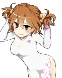 Rule 34 | 1girl, blush, breasts, brown eyes, brown hair, closed mouth, commentary request, dot nose, dress, floral print, hair between eyes, hands up, holding, holding own hair, i.u.y, long sleeves, looking at viewer, medium breasts, medium hair, misaka worst, simple background, smile, solo, toaru majutsu no index, toaru majutsu no index: new testament, upper body, vietnamese dress, white background, white dress