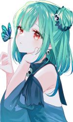 Rule 34 | 1girl, animal print, blue butterfly, blue dress, blue sleeves, blush, bow, brooch, bug, butterfly, butterfly print, double bun, dress, earrings, eyebrows, eyelashes, gothic lolita, green hair, hair between eyes, hair bun, hair ornament, hand on own cheek, hand on own face, highres, hololive, hololive fantasy, insect, jewelry, lolita fashion, looking at viewer, misumi (macaroni), necromancer, nose, open mouth, pointing, red eyes, short hair, skull collar, skull earrings, skull hair ornament, solo, strapless, strapless dress, uruha rushia, uruha rushia (1st costume), virtual youtuber, white background
