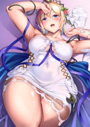 Rule 34 | 1girl, armpits, arms up, bare shoulders, blonde hair, blue eyes, blue ribbon, blush, breasts, cleavage, covered navel, dress, europa (granblue fantasy), flower, granblue fantasy, hair between eyes, hair flower, hair ornament, kasappi, large breasts, looking at viewer, open mouth, ribbon, sash, short hair, smile, solo, thighs, tiara, white dress