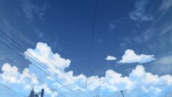 Rule 34 | blue sky, chinese commentary, cloud, commentary request, from below, highres, no humans, original, outdoors, power lines, rune xiao, scenery, signature, sky, star (sky), starry sky, still life, tree, utility pole